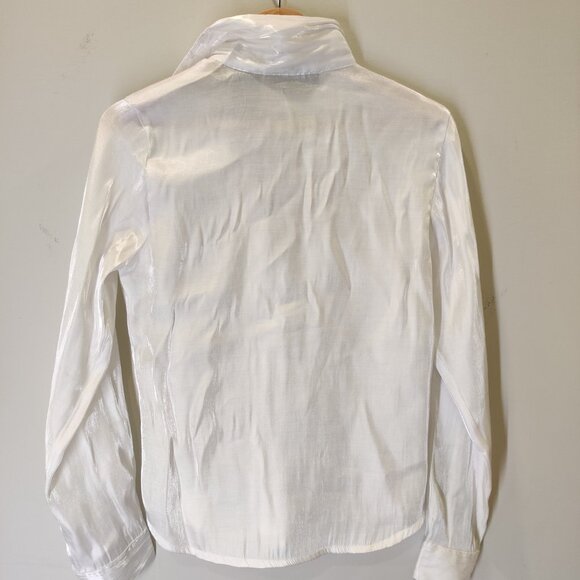 Pearly White Sheen Long Sleeve Collared Elite Club Button-Up Blouse Small - Picture 3 of 5
